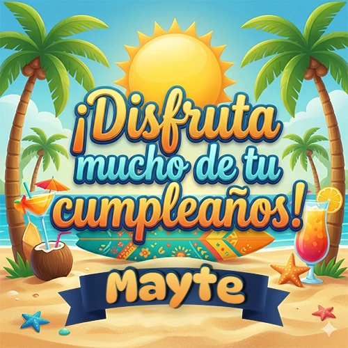 Diseño de playa veraniego. Palmeras, arena dorada y olas del mar claro. Texto 