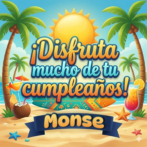 Diseño de playa veraniego. Palmeras, arena dorada y olas del mar claro. Texto 