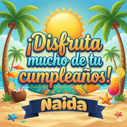 Diseño de playa veraniego. Palmeras, arena dorada y olas del mar claro. Texto 