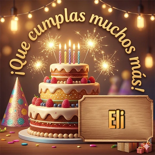 Ambiente familiar y cálido. Gran pastel de tres pisos decorado con frutos rojos, velas encendidas y bengalas brillantes. Texto arqueado 