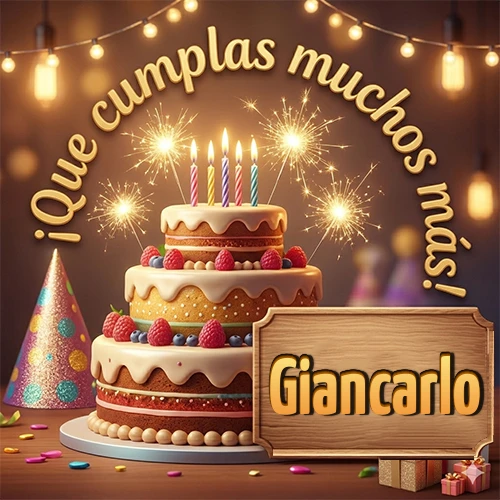 Ambiente familiar y cálido. Gran pastel de tres pisos decorado con frutos rojos, velas encendidas y bengalas brillantes. Texto arqueado Ambiente familiar y cálido. Gran pastel de tres pisos decorado con frutos rojos, velas encendidas y bengalas brillantes. Texto arqueado