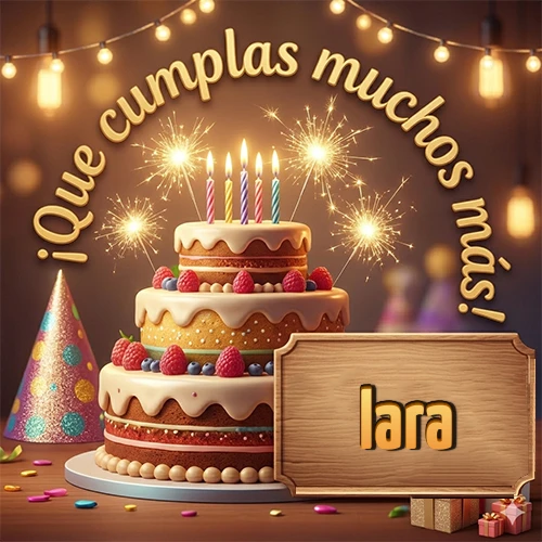 Ambiente familiar y cálido. Gran pastel de tres pisos decorado con frutos rojos, velas encendidas y bengalas brillantes. Texto arqueado 