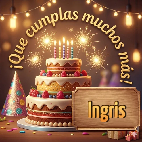 Ambiente familiar y cálido. Gran pastel de tres pisos decorado con frutos rojos, velas encendidas y bengalas brillantes. Texto arqueado 