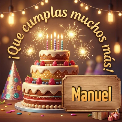 Ambiente familiar y cálido. Gran pastel de tres pisos decorado con frutos rojos, velas encendidas y bengalas brillantes. Texto arqueado 