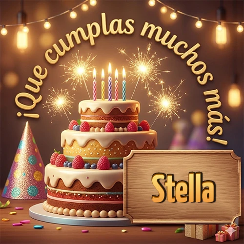 Ambiente familiar y cálido. Gran pastel de tres pisos decorado con frutos rojos, velas encendidas y bengalas brillantes. Texto arqueado Ambiente familiar y cálido. Gran pastel de tres pisos decorado con frutos rojos, velas encendidas y bengalas brillantes. Texto arqueado