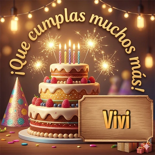 Ambiente familiar y cálido. Gran pastel de tres pisos decorado con frutos rojos, velas encendidas y bengalas brillantes. Texto arqueado 