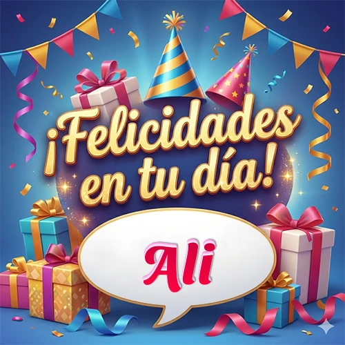 Diseño moderno y elegante. Fondo azul rey con cajas de regalo, sombreros de fiesta y cintas. Texto central 