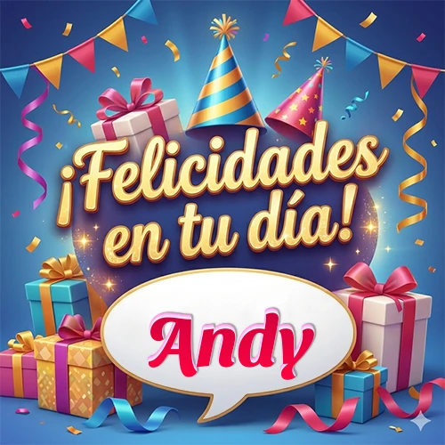 Diseño moderno y elegante. Fondo azul rey con cajas de regalo, sombreros de fiesta y cintas. Texto central 