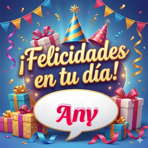 Diseño moderno y elegante. Fondo azul rey con cajas de regalo, sombreros de fiesta y cintas. Texto central 