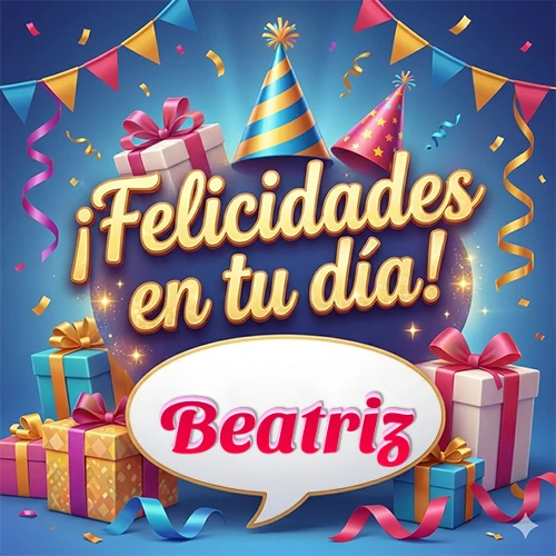 Diseño moderno y elegante. Fondo azul rey con cajas de regalo, sombreros de fiesta y cintas. Texto central 