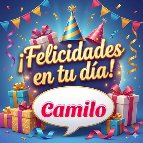 Diseño moderno y elegante. Fondo azul rey con cajas de regalo, sombreros de fiesta y cintas. Texto central 