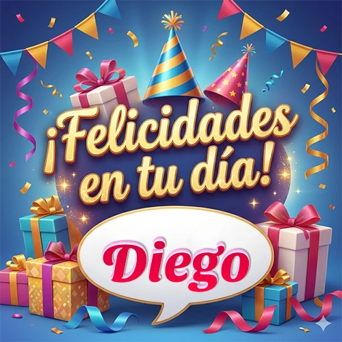 Diseño moderno y elegante. Fondo azul rey con cajas de regalo, sombreros de fiesta y cintas. Texto central 