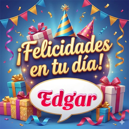 Diseño moderno y elegante. Fondo azul rey con cajas de regalo, sombreros de fiesta y cintas. Texto central 