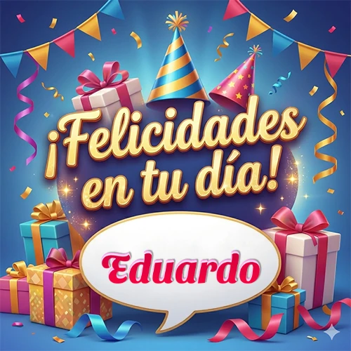 Diseño moderno y elegante. Fondo azul rey con cajas de regalo, sombreros de fiesta y cintas. Texto central 