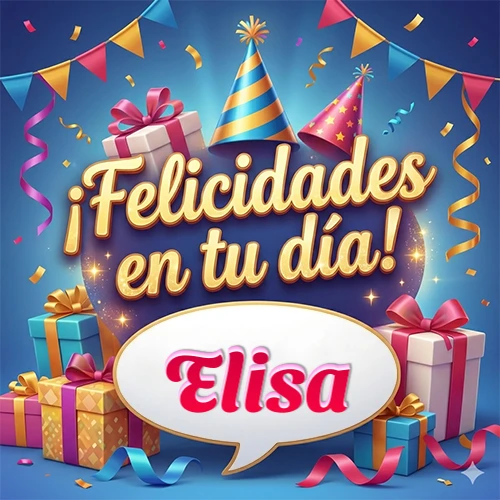 Diseño moderno y elegante. Fondo azul rey con cajas de regalo, sombreros de fiesta y cintas. Texto central 