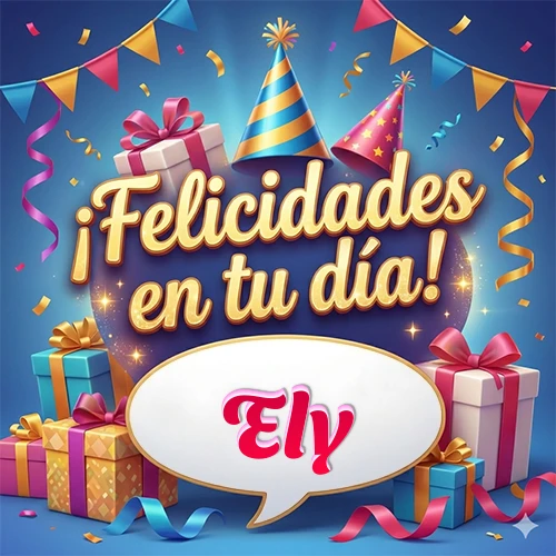 Diseño moderno y elegante. Fondo azul rey con cajas de regalo, sombreros de fiesta y cintas. Texto central 