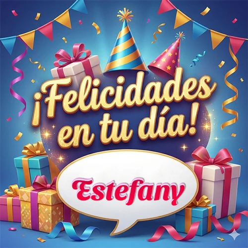 Diseño moderno y elegante. Fondo azul rey con cajas de regalo, sombreros de fiesta y cintas. Texto central 