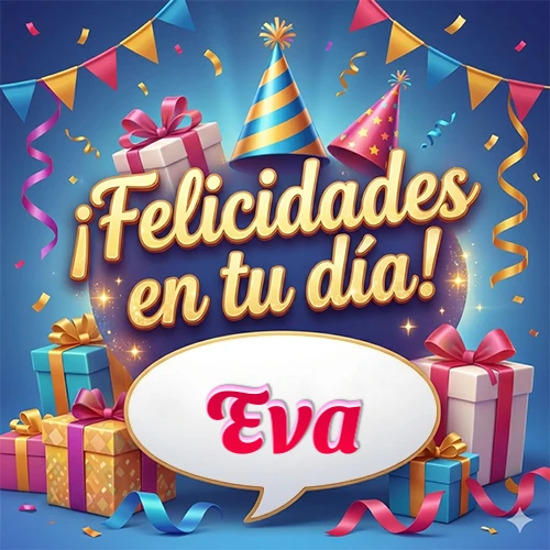 Diseño moderno y elegante. Fondo azul rey con cajas de regalo, sombreros de fiesta y cintas. Texto central 