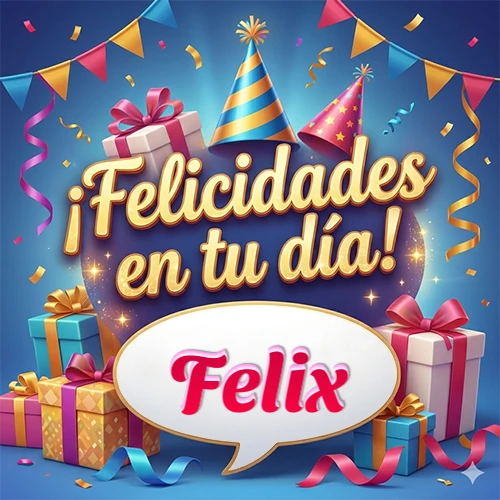 Diseño moderno y elegante. Fondo azul rey con cajas de regalo, sombreros de fiesta y cintas. Texto central 