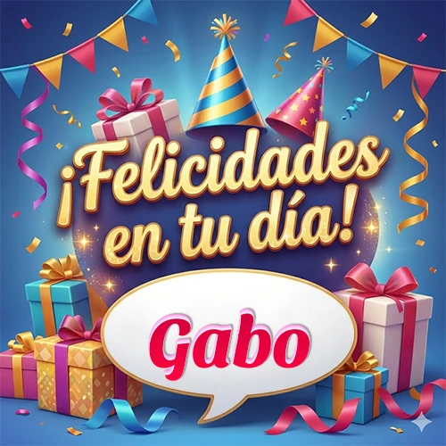 Diseño moderno y elegante. Fondo azul rey con cajas de regalo, sombreros de fiesta y cintas. Texto central 