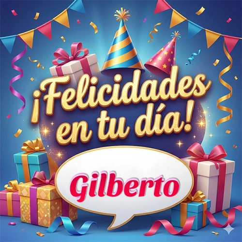 Diseño moderno y elegante. Fondo azul rey con cajas de regalo, sombreros de fiesta y cintas. Texto central 