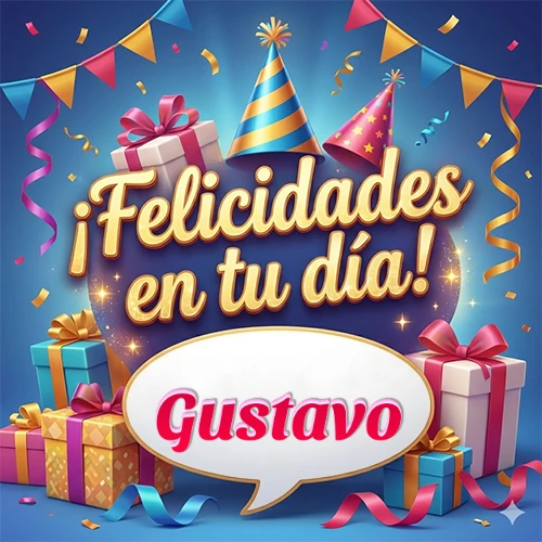 Diseño moderno y elegante. Fondo azul rey con cajas de regalo, sombreros de fiesta y cintas. Texto central 