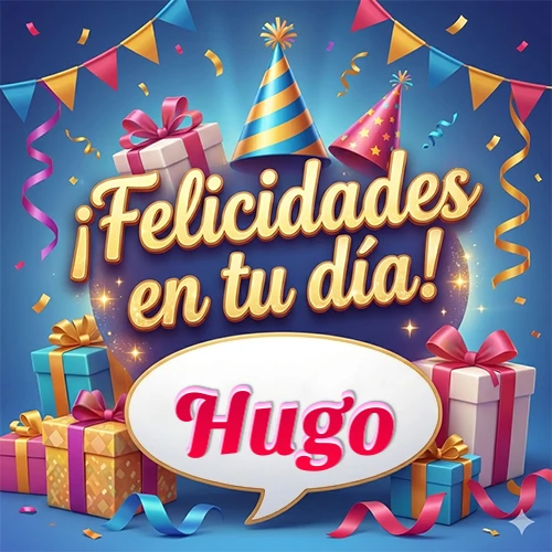 Diseño moderno y elegante. Fondo azul rey con cajas de regalo, sombreros de fiesta y cintas. Texto central 