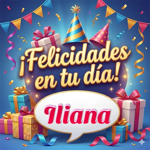 Diseño moderno y elegante. Fondo azul rey con cajas de regalo, sombreros de fiesta y cintas. Texto central 