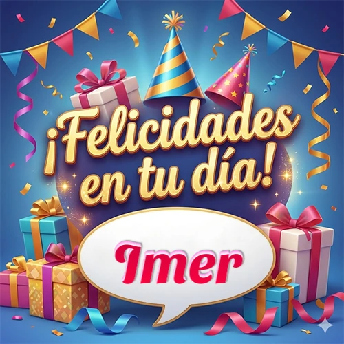 Diseño moderno y elegante. Fondo azul rey con cajas de regalo, sombreros de fiesta y cintas. Texto central 