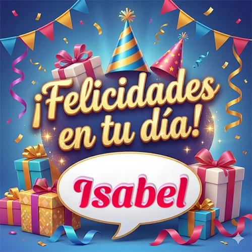 Diseño moderno y elegante. Fondo azul rey con cajas de regalo, sombreros de fiesta y cintas. Texto central 