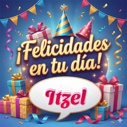 Diseño moderno y elegante. Fondo azul rey con cajas de regalo, sombreros de fiesta y cintas. Texto central 