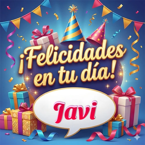 Diseño moderno y elegante. Fondo azul rey con cajas de regalo, sombreros de fiesta y cintas. Texto central 