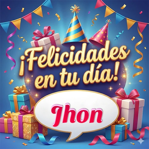 Diseño moderno y elegante. Fondo azul rey con cajas de regalo, sombreros de fiesta y cintas. Texto central 