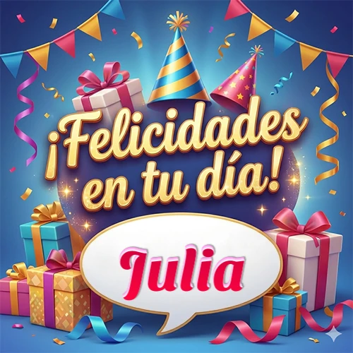 Diseño moderno y elegante. Fondo azul rey con cajas de regalo, sombreros de fiesta y cintas. Texto central 