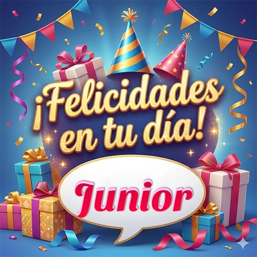 Diseño moderno y elegante. Fondo azul rey con cajas de regalo, sombreros de fiesta y cintas. Texto central 