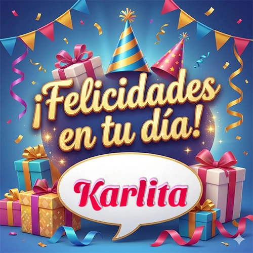 Diseño moderno y elegante. Fondo azul rey con cajas de regalo, sombreros de fiesta y cintas. Texto central 