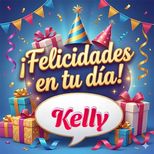 Diseño moderno y elegante. Fondo azul rey con cajas de regalo, sombreros de fiesta y cintas. Texto central 