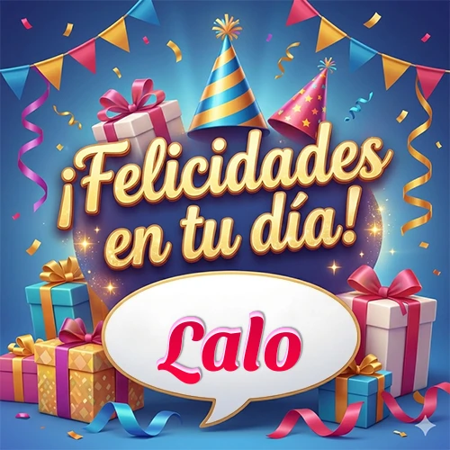 Diseño moderno y elegante. Fondo azul rey con cajas de regalo, sombreros de fiesta y cintas. Texto central 