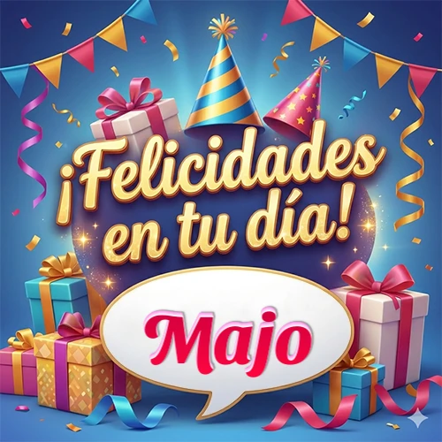 Diseño moderno y elegante. Fondo azul rey con cajas de regalo, sombreros de fiesta y cintas. Texto central 