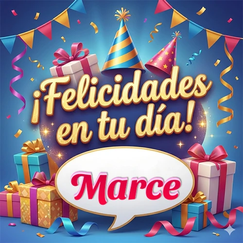 Diseño moderno y elegante. Fondo azul rey con cajas de regalo, sombreros de fiesta y cintas. Texto central 