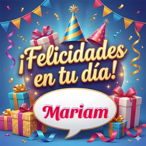 Diseño moderno y elegante. Fondo azul rey con cajas de regalo, sombreros de fiesta y cintas. Texto central 