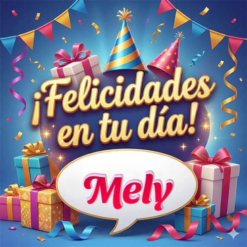 Diseño moderno y elegante. Fondo azul rey con cajas de regalo, sombreros de fiesta y cintas. Texto central 