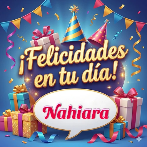 Diseño moderno y elegante. Fondo azul rey con cajas de regalo, sombreros de fiesta y cintas. Texto central 