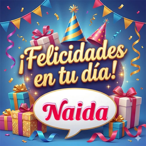 Diseño moderno y elegante. Fondo azul rey con cajas de regalo, sombreros de fiesta y cintas. Texto central 