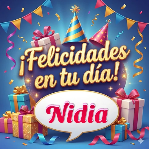 Diseño moderno y elegante. Fondo azul rey con cajas de regalo, sombreros de fiesta y cintas. Texto central 