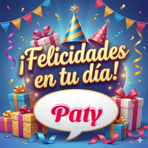 Diseño moderno y elegante. Fondo azul rey con cajas de regalo, sombreros de fiesta y cintas. Texto central 