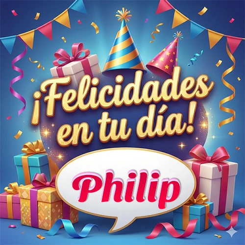 Diseño moderno y elegante. Fondo azul rey con cajas de regalo, sombreros de fiesta y cintas. Texto central 