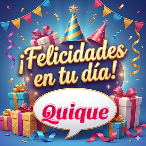 Diseño moderno y elegante. Fondo azul rey con cajas de regalo, sombreros de fiesta y cintas. Texto central 