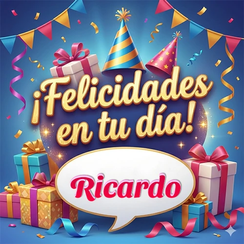 Diseño moderno y elegante. Fondo azul rey con cajas de regalo, sombreros de fiesta y cintas. Texto central 