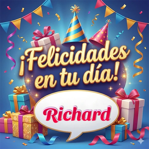 Diseño moderno y elegante. Fondo azul rey con cajas de regalo, sombreros de fiesta y cintas. Texto central 